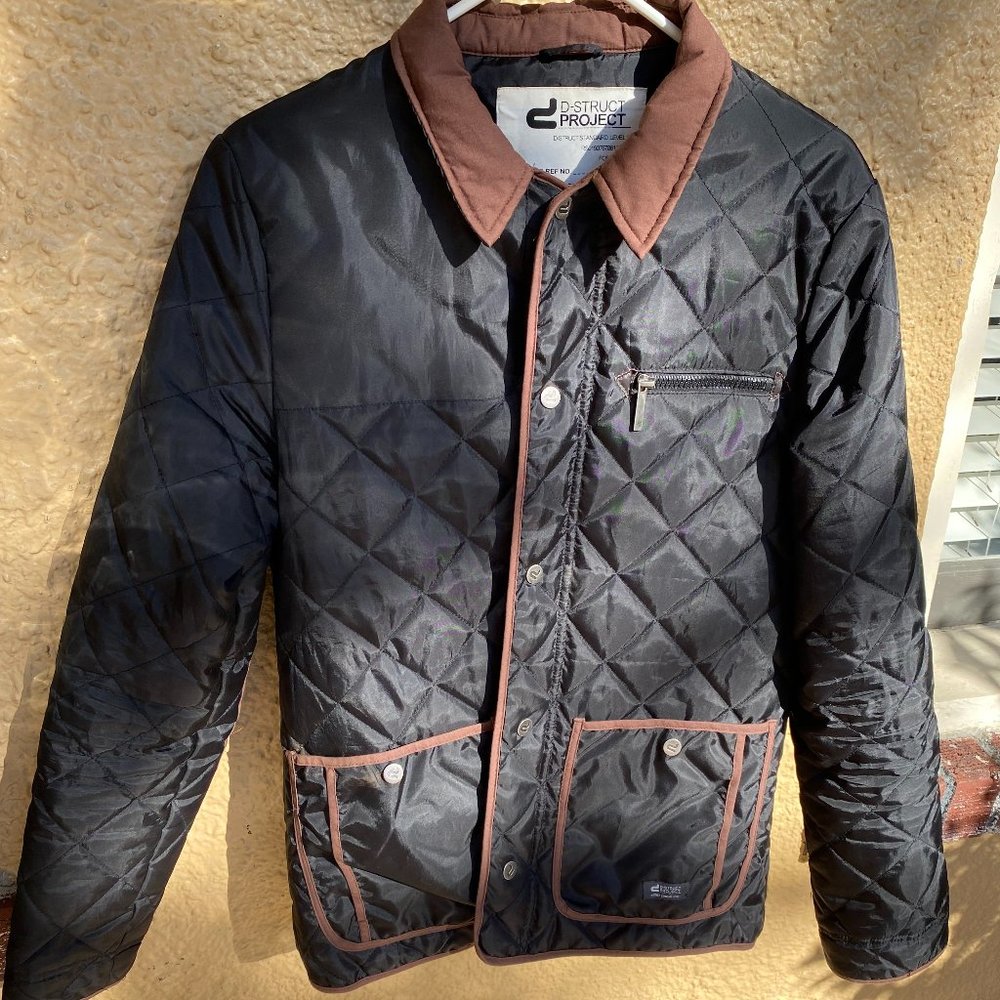 d-struct project (asos) black quilted jacket with brown collar and elbow patches